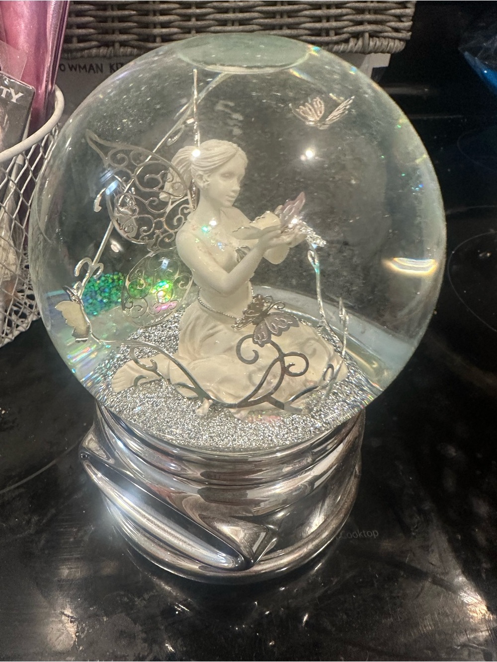 Source Unknown Silver and White Fairy Snow Globe